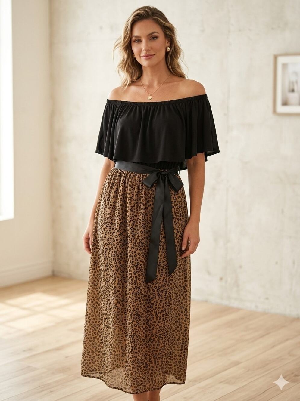 Chelsea Taylor Off Shoulder Leopard Print Midi Dress Size Petite Medium NWT